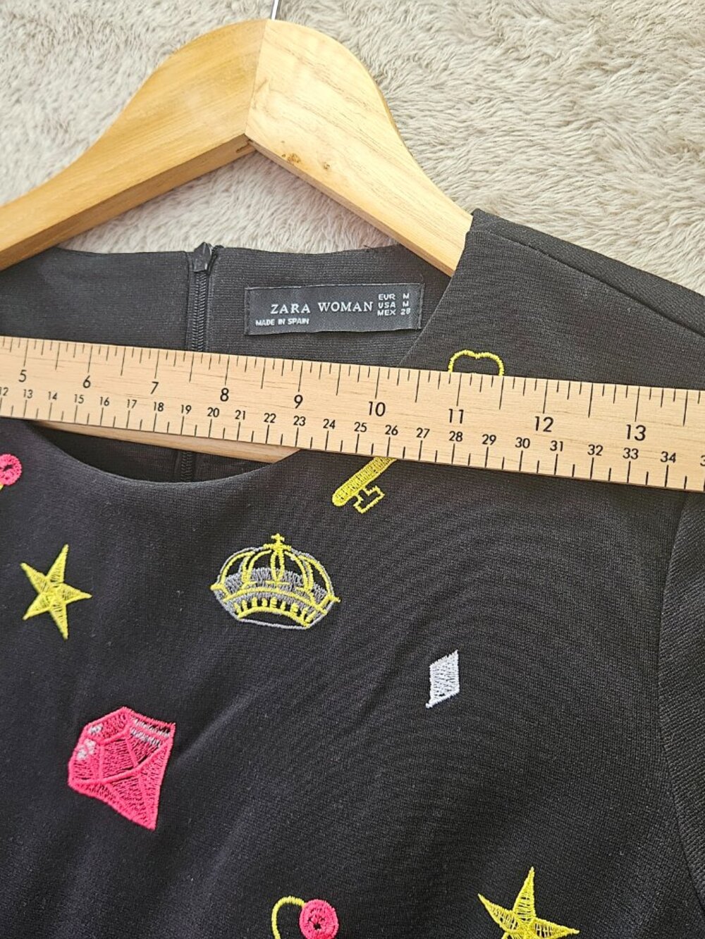 Zara Black Dress Flared Drop-Waist All Over Print Embroidered Stars Shoes Crowns - Picture 5 of 8